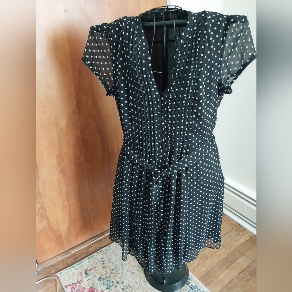 MSK Black Dress with White Polka Dots and Tie Waist